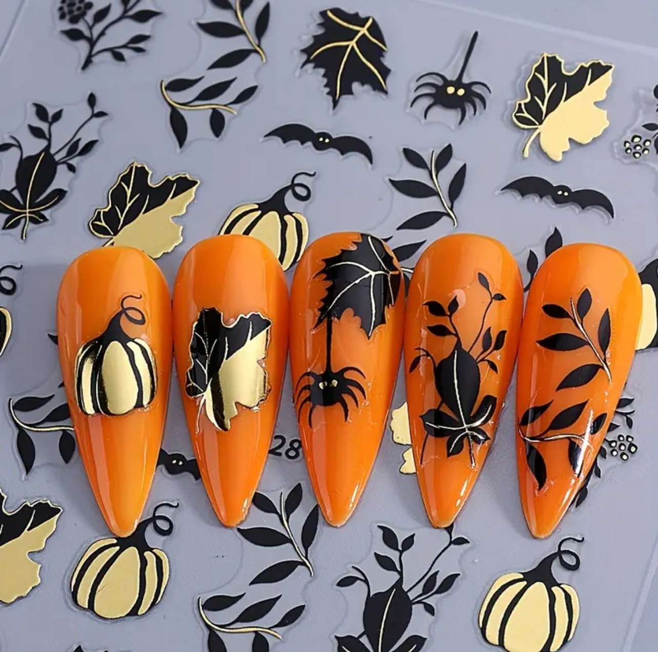 Halloween Nail Art Stickers Pumpkin Spider Bat Leaves Gold Silver DIY SWA128