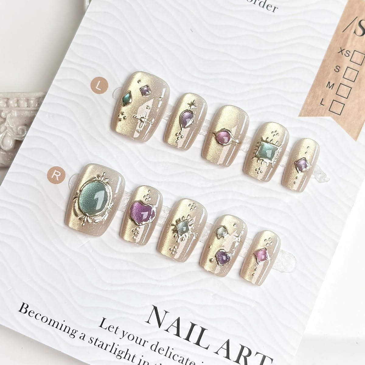 Glitter Press on Nails Medium Length Fake Nails with Glue Heart Gems Nail Charms