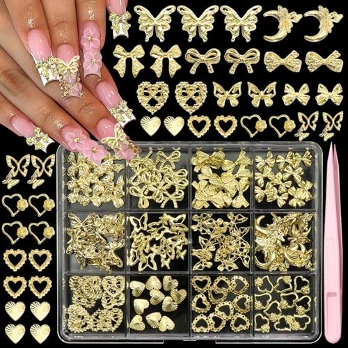 120 Pcs 3D Gold Nail Charms, 12Styles Alloy Bow 01 Gold Bow Heart Butterfly