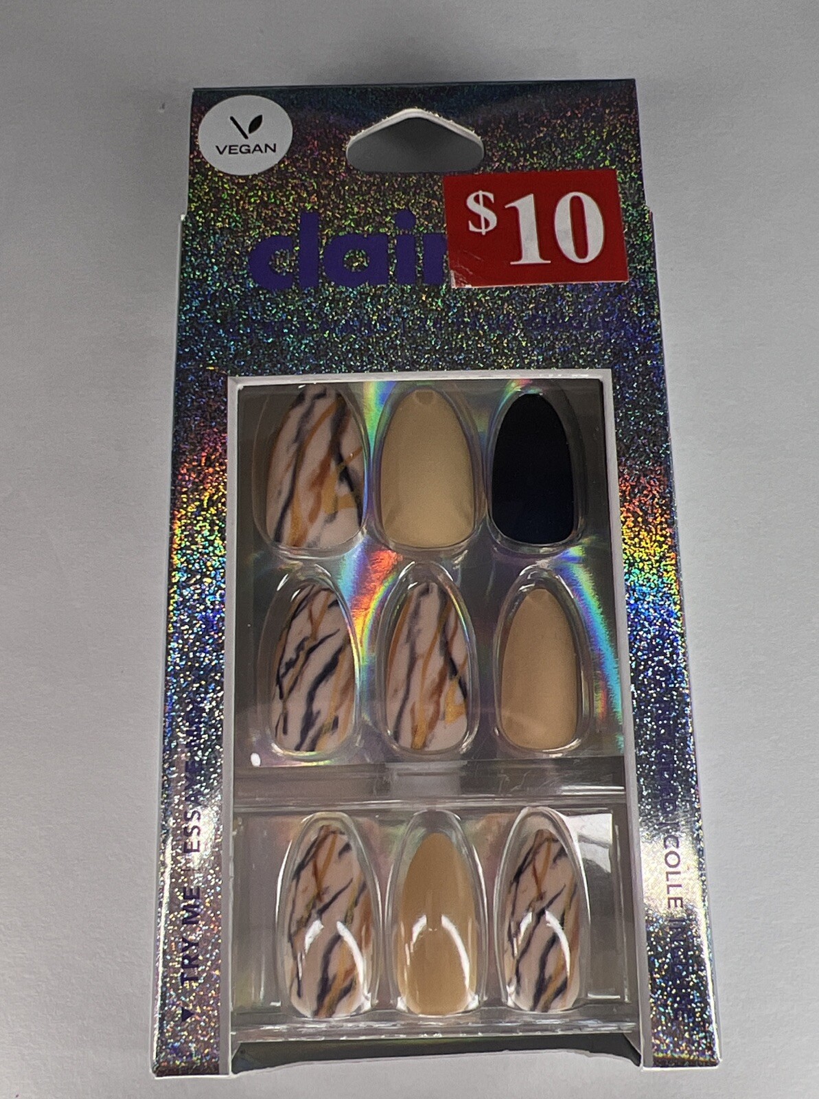 24pc Claire’s Fake False Press On Glue On Black Buff Color Marble Brown Nails
