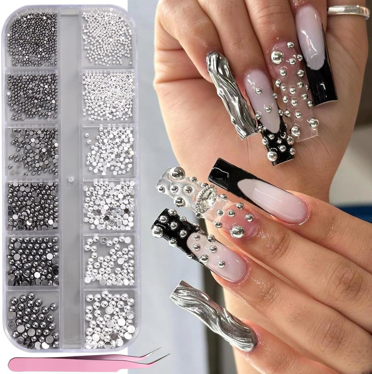 Gold & Silver Caviar Nail Beads Kit with Tweezers for DIY Nail Art & Crafts