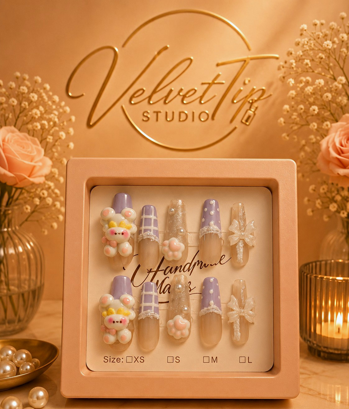 VelvetTip Studio Handmade 3D Bunny Artificial Nails Tips Set, Purple/Nude Size M