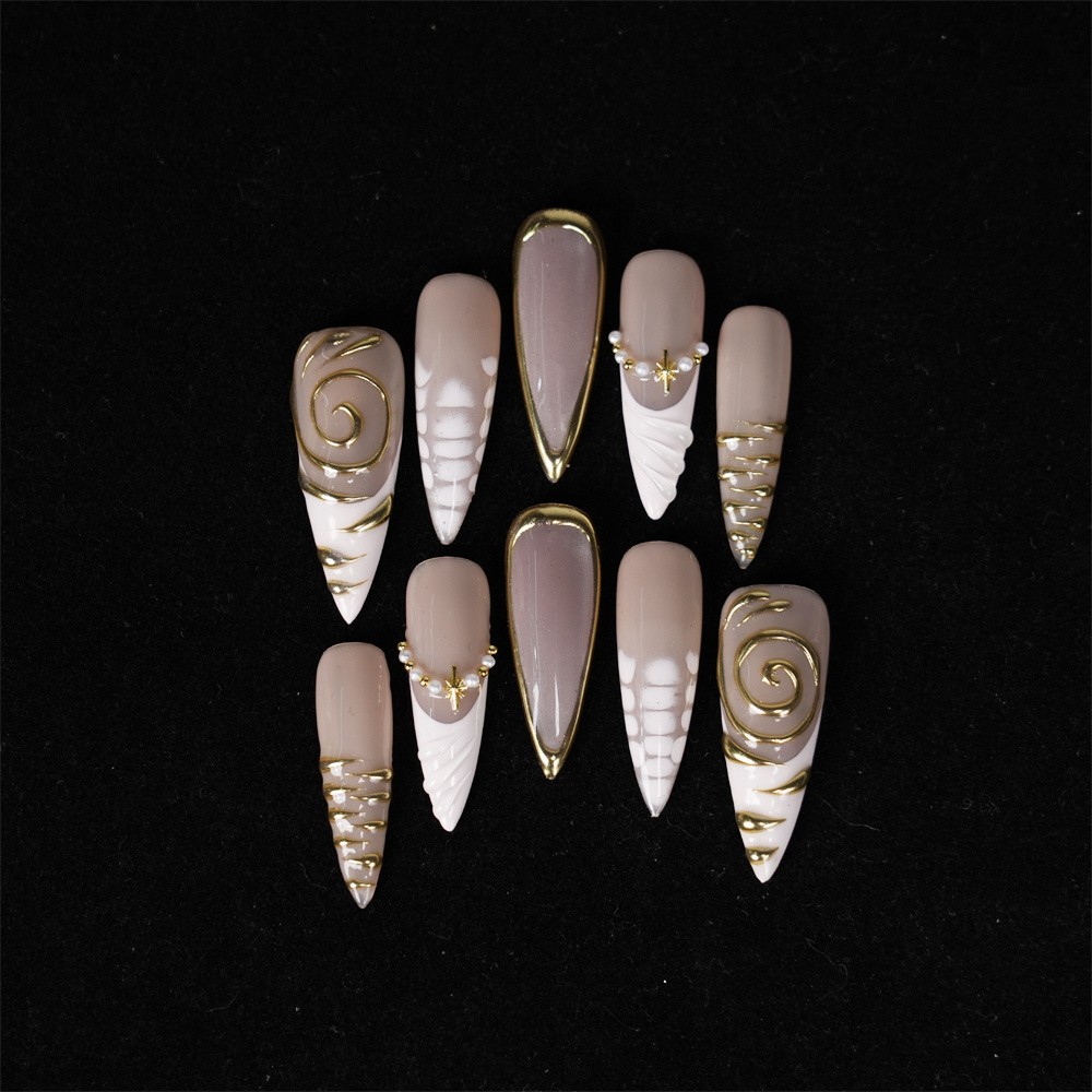10p-Nude White Press on Nails Medium Almond Gold Swirl Pearl Star Design Accents