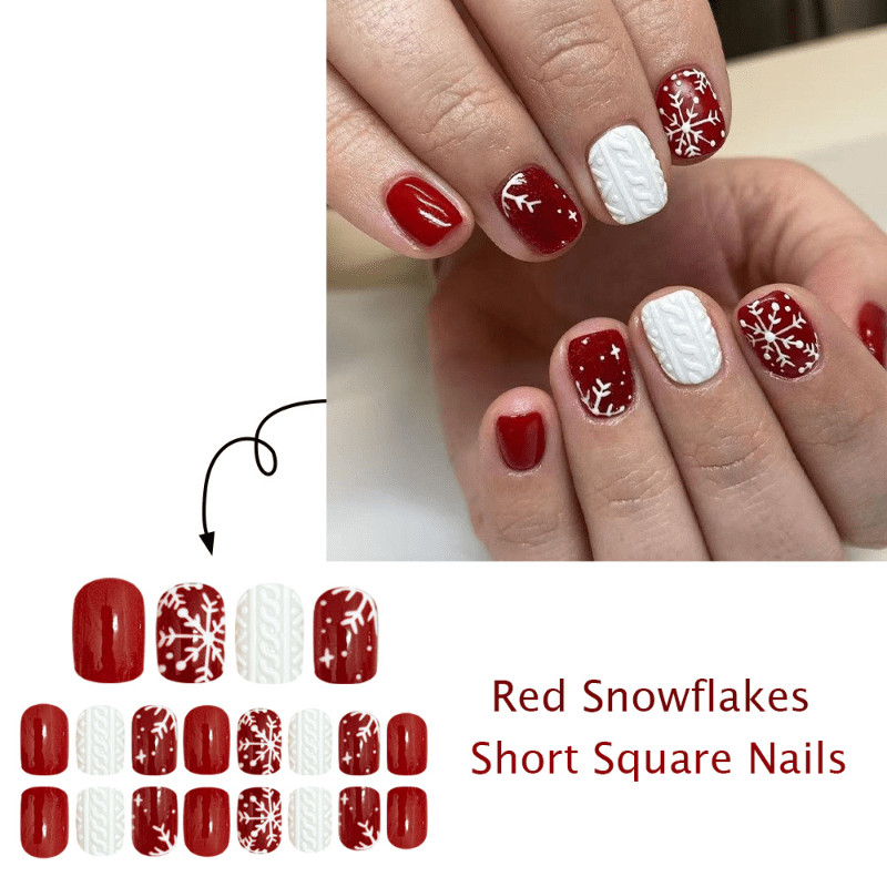 48 Pcs Red White Snowflake Oval Press on Nails, Winter Glossy Nude Fake Nails
