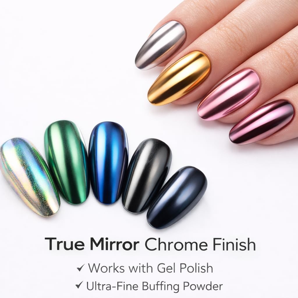 16 Colors Chrome & Holographic Nail Powder Set – Metallic Mirror Effect Pigme…