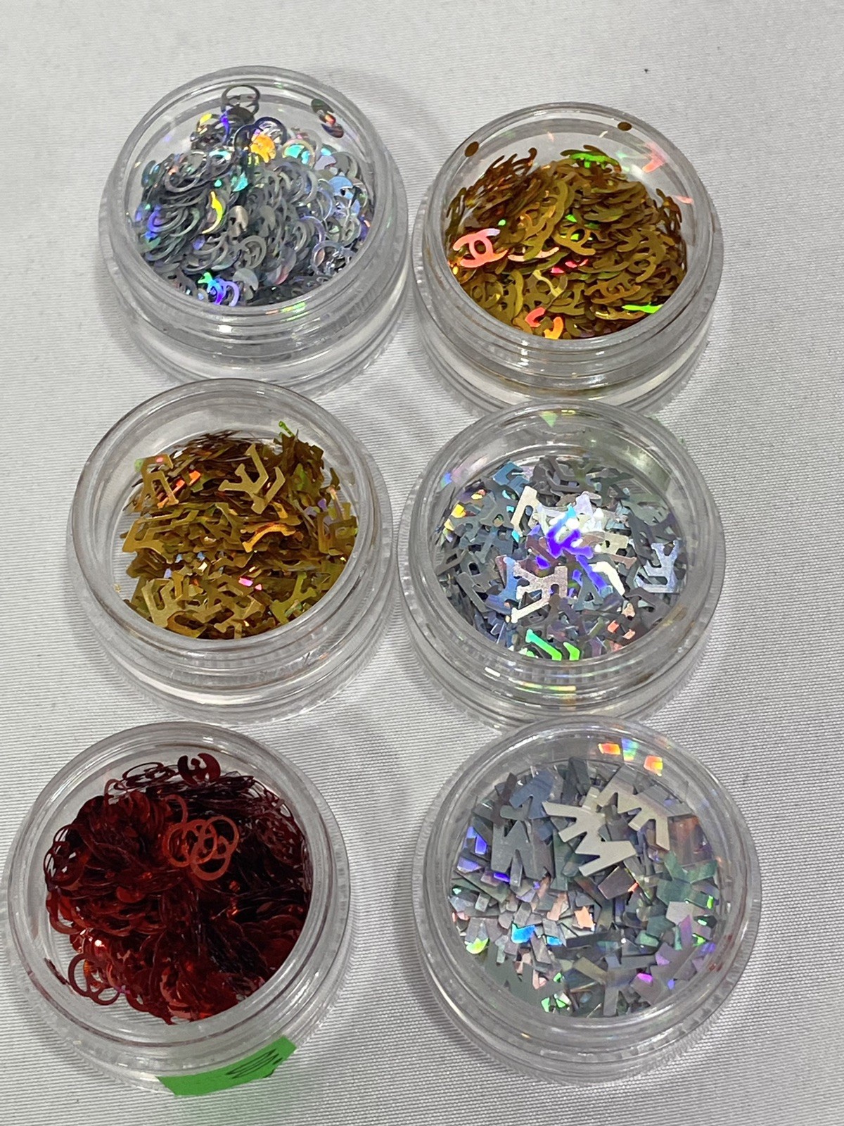 Nail Art Foil Decals- Designer Logos. 6 Pk-Sealable Containers- LV, Chanel, MK