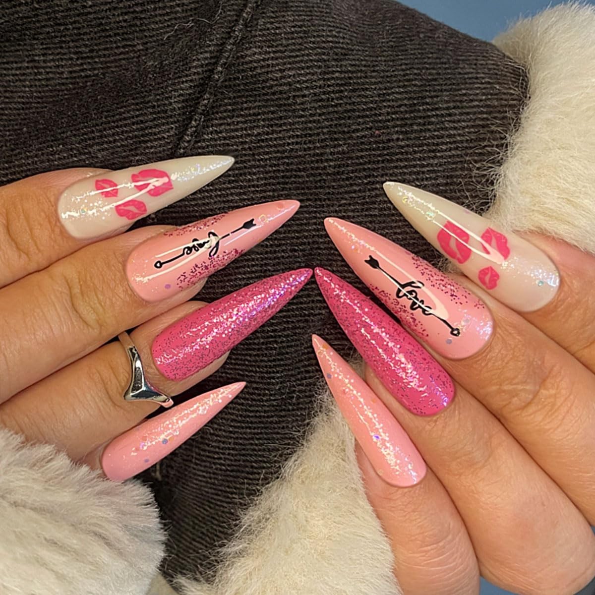 Pink Stiletto Press on Nails Extra Long Fake Nails With Designs Valentines Da…