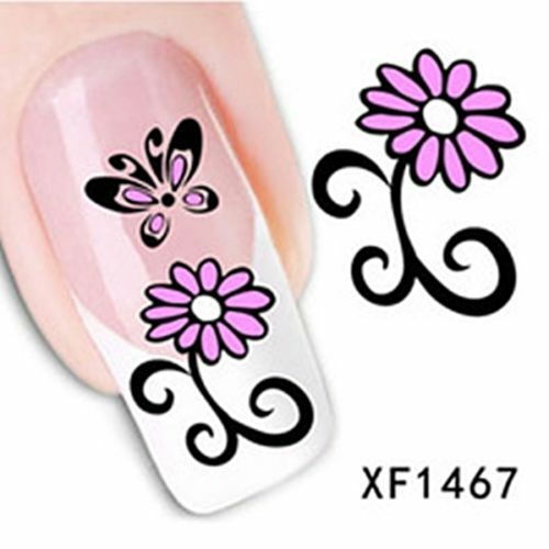 Nail Art Water Transfer Sticker Decal Stickers Pretty Flowers Pink Black XF1467