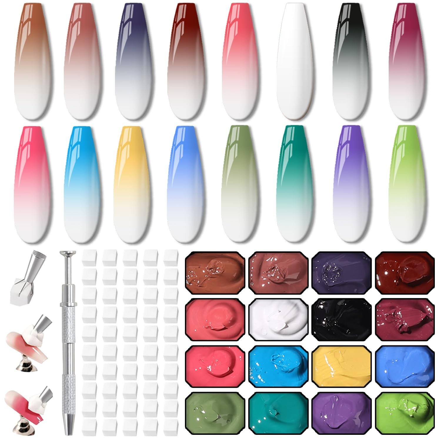 Ombre Nail Gel Set – Gradient Blush & Floral Art, No Wipe, UV/LED Curing, 16 Col