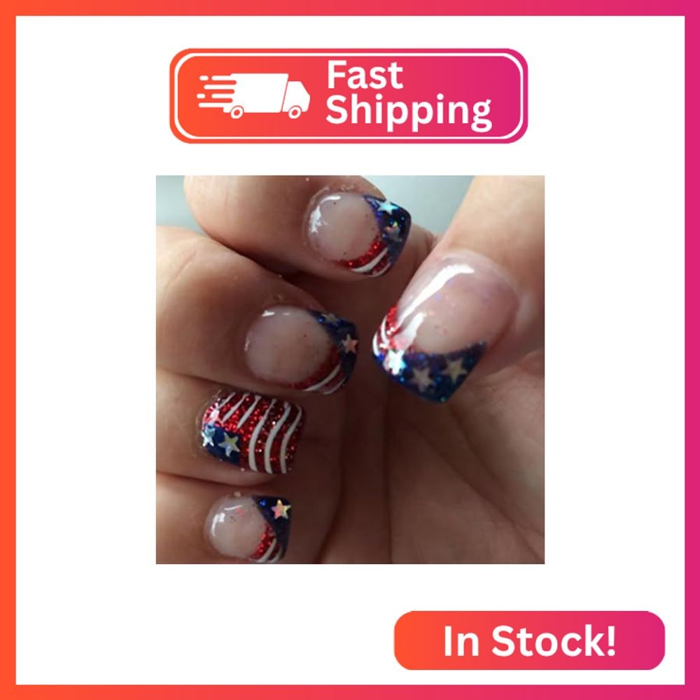 Tyuimhx 4th of July Press on Nails Short Square Independence Day Patriotic Fake