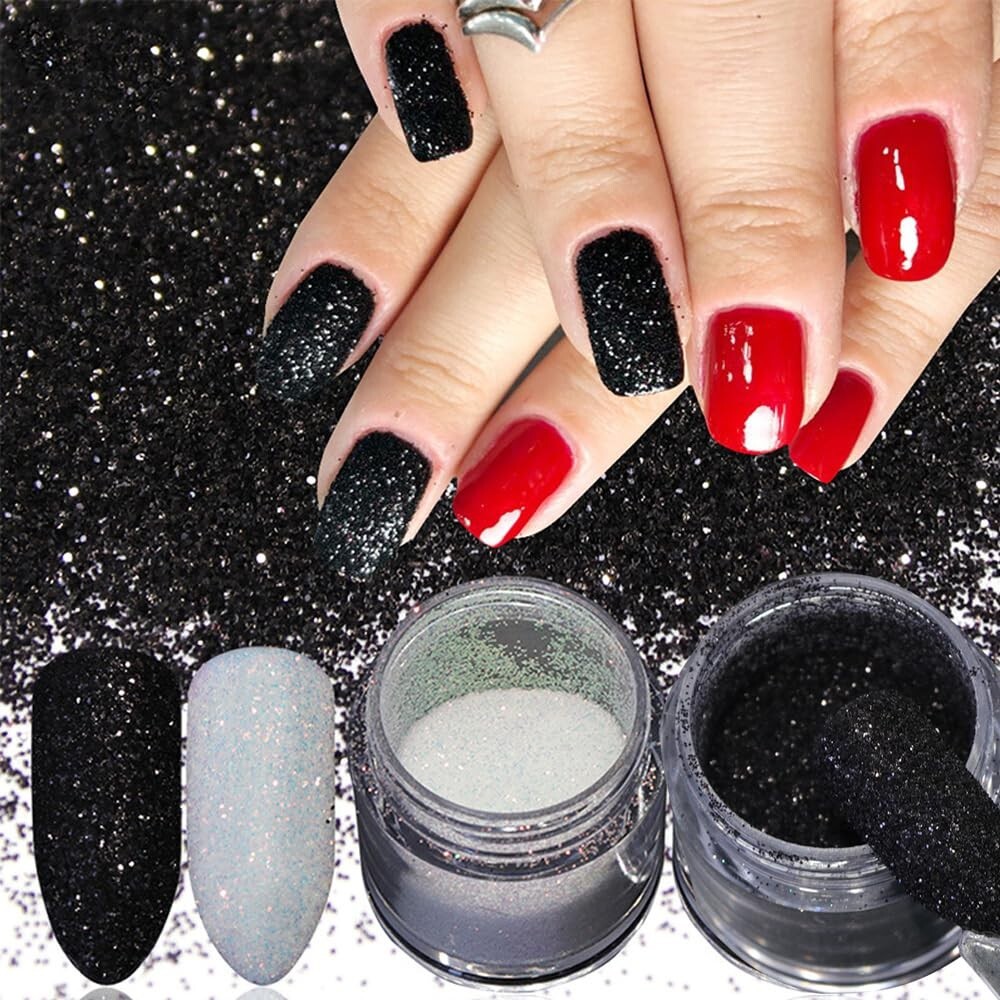 2 Boxes Holographic Nail Glitter Powder White Black Shining Sugar,1Pcs Soft Nail