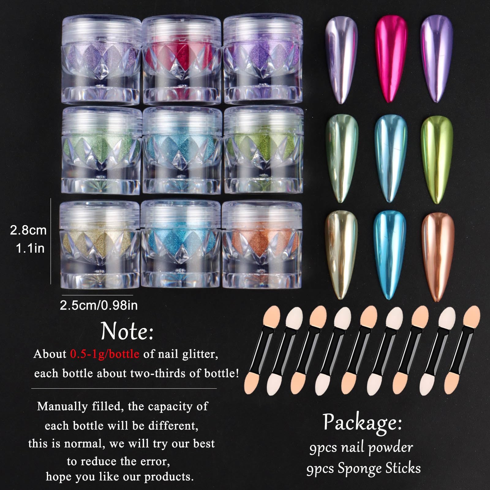 Chrome Mirror Effect Nail Powder Set, 9 Colors Metallic Pearlescent Nail Glit…
