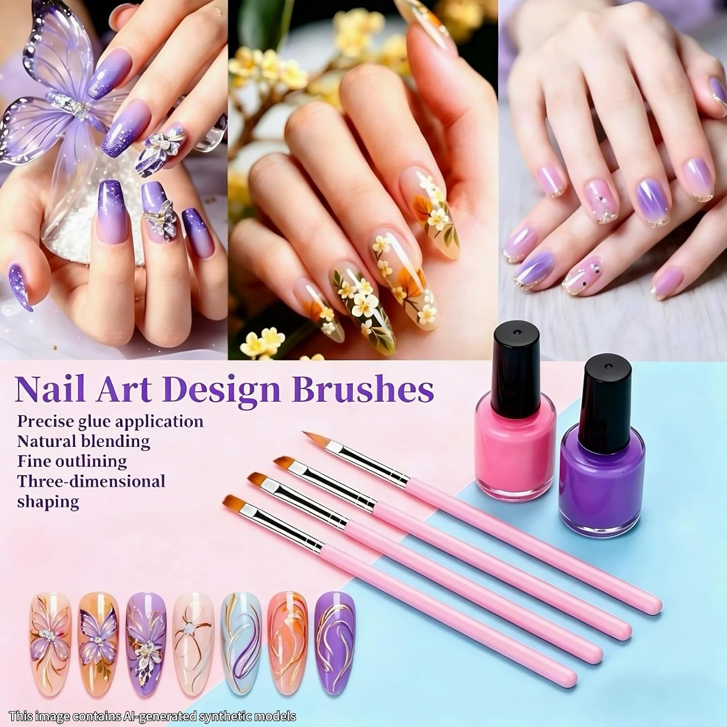 9Pcs Nail Art Brushes Set, 5 Pink Art Liners & 4 Multi-Shape Gel Brushes | Sizes