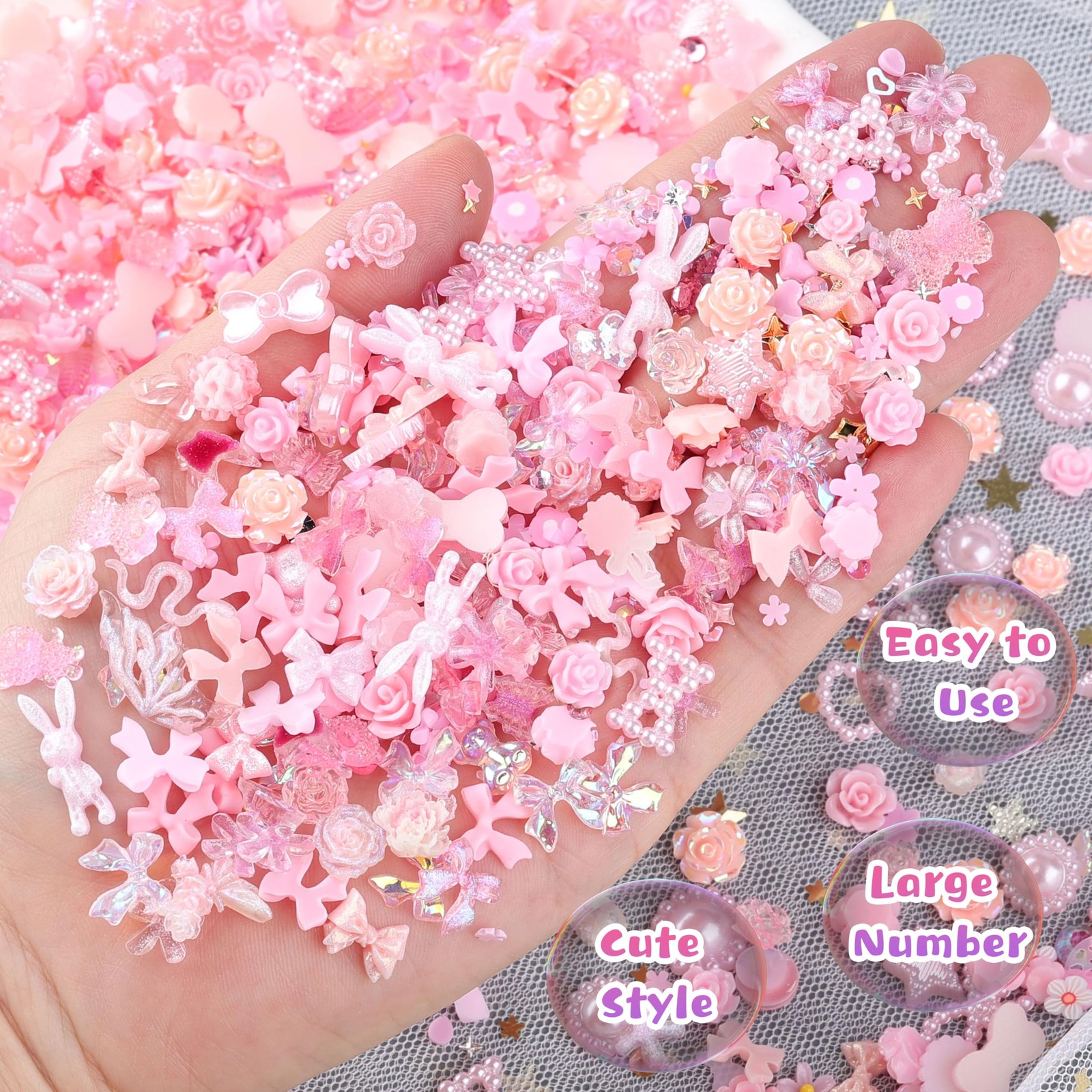 260Pcs 3D Assorted Pearls Nail Charms Acrylic Multi Shapes Heart Flower