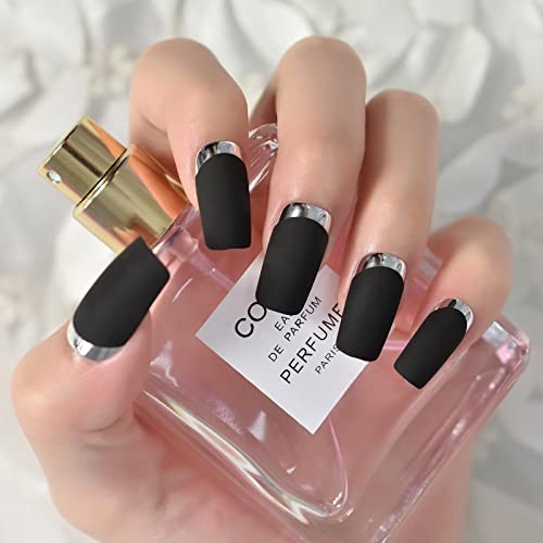 Matte Black Silver Metallic French Press On Nails Medium Length Square False