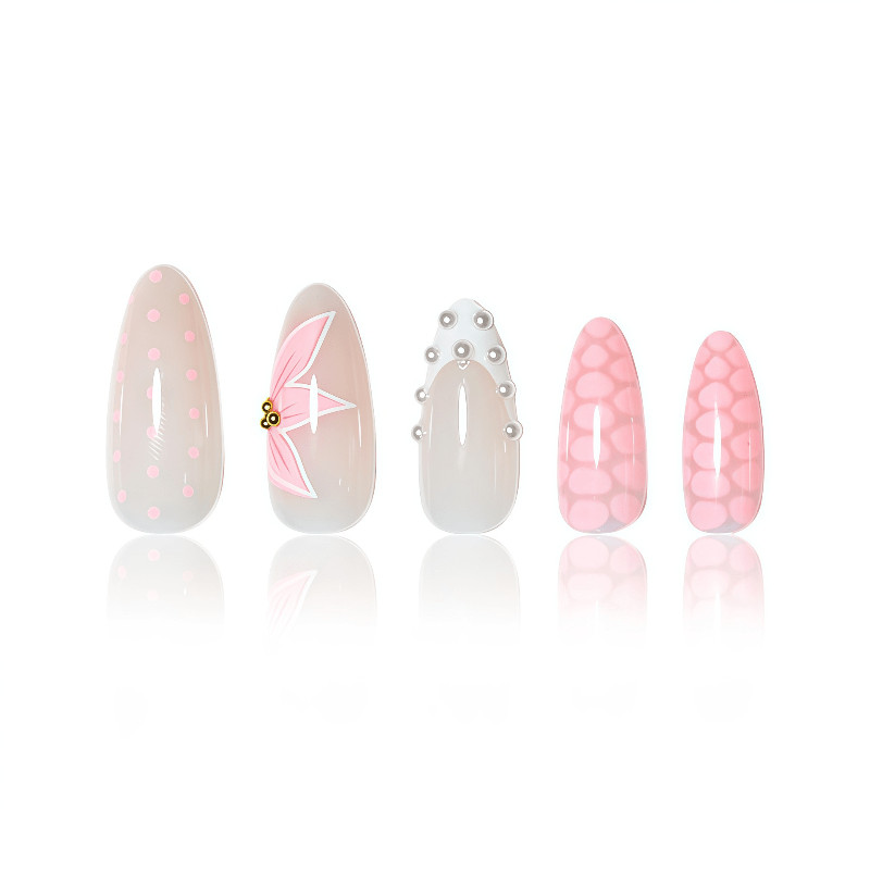 48Pcs-Sweet Light Pink Almond Mix Print Dot Star Lattice Line Press on Nails