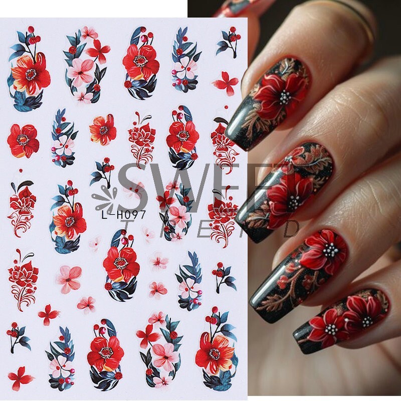 3Sheets Red Nail Art Stickers Decals Hibiscus Cherry Flowers Floral Wasp NH28