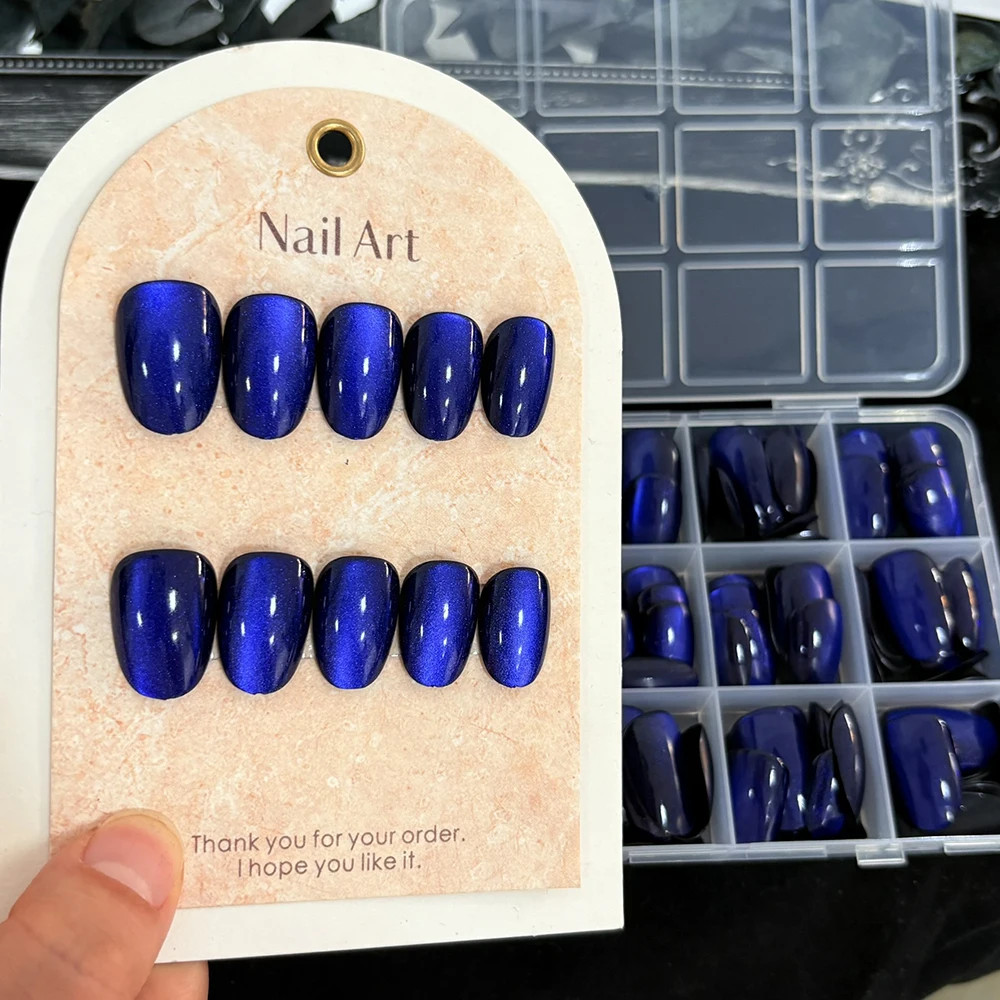 30 Pcs Sparkly Medium Oval Dark Blue Cat Eye Glossy Full Cover Artificial Press