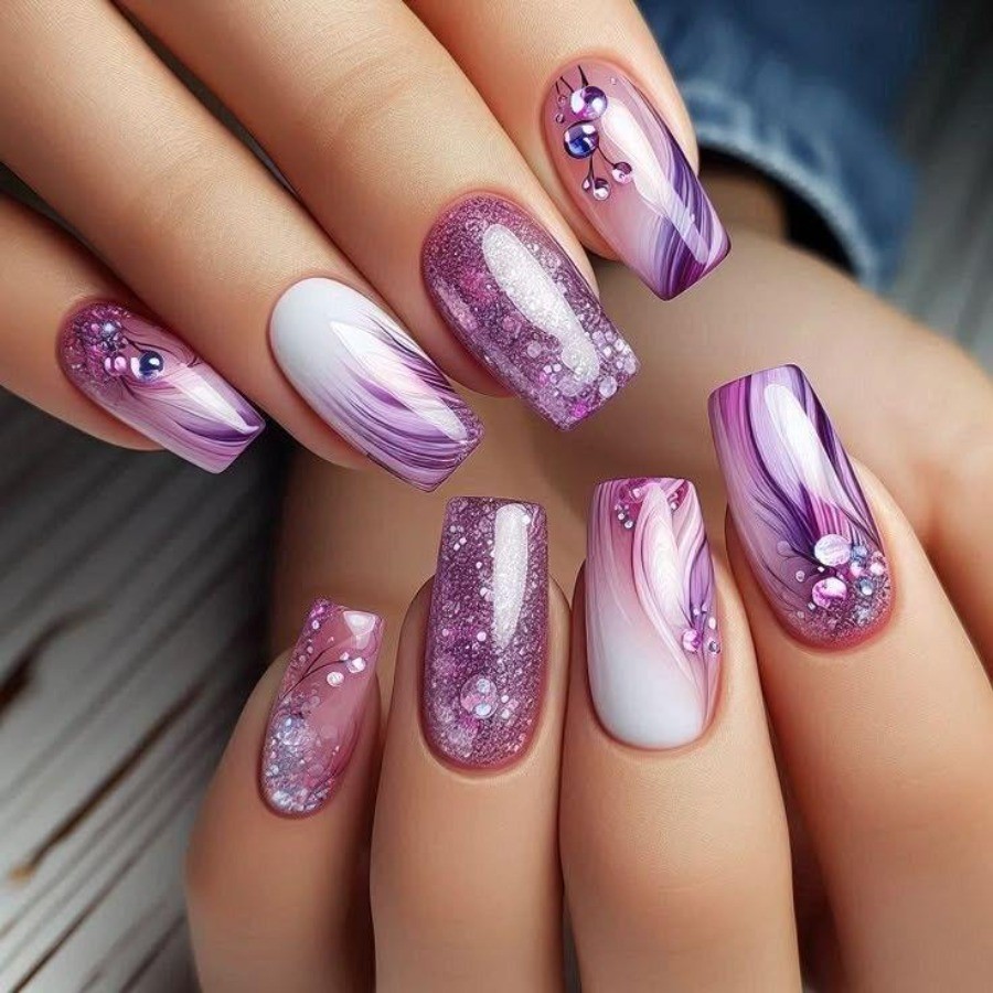 24pcs Medium Ballet Nails Purple Blue Floral with Mushroom Sea Plant Design