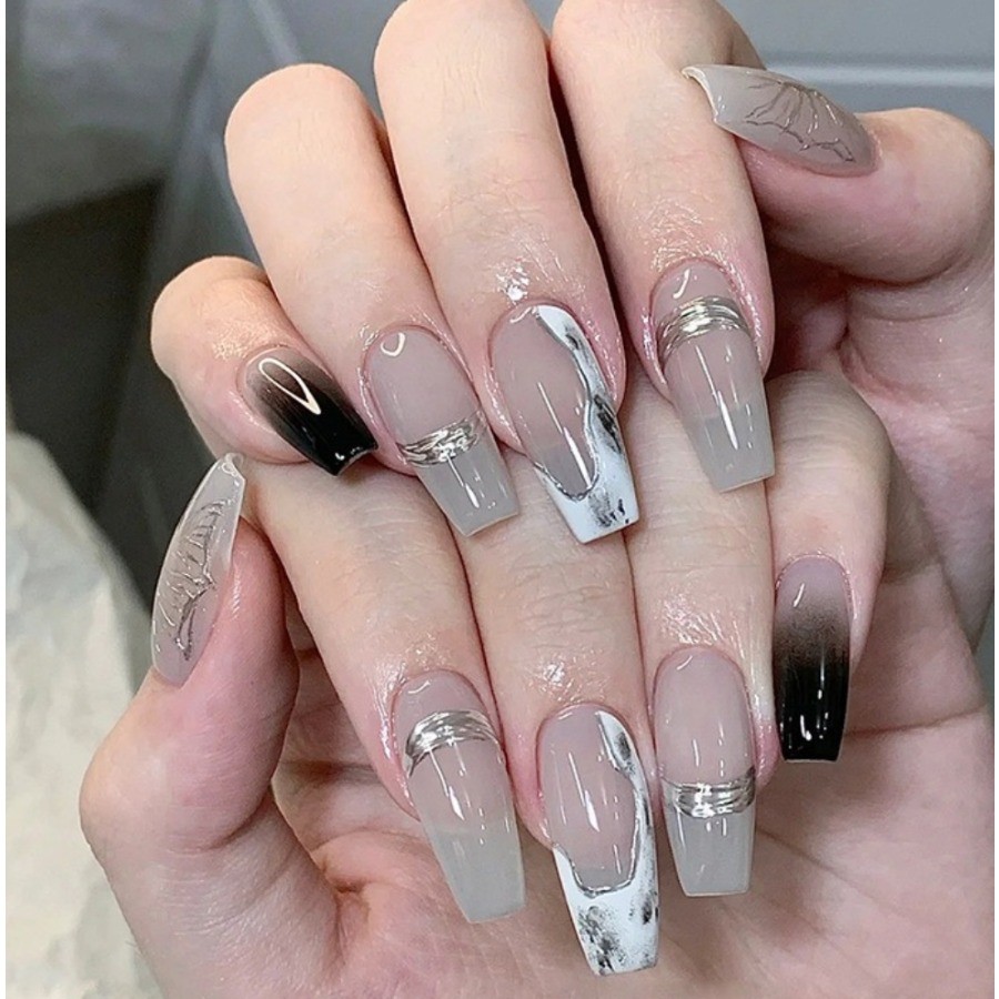 48Pcs Ink Wash Silver Line Coffin Press on Nails,Minimal Elegant Nude Fake Nails