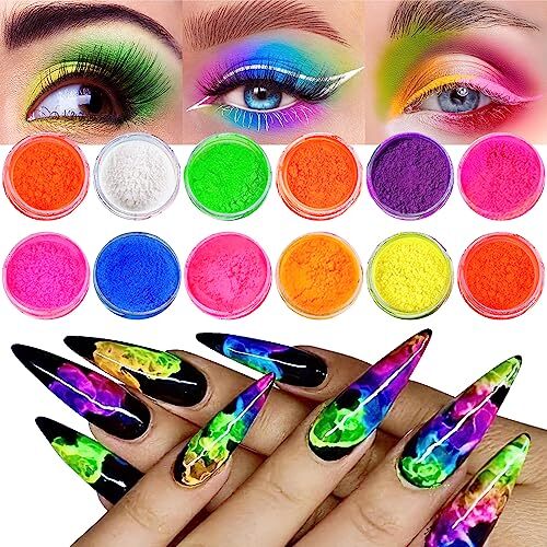 12 Pack Luminous Pigment Nail Powder Flourescent Glow In The Dark Makeup