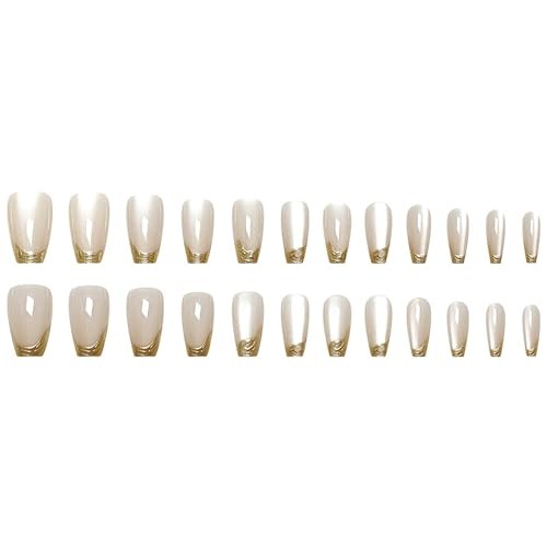 Medium Press on Nails Gold French Tip Fake Nails Cat Eye Medium Style-Z5Z11