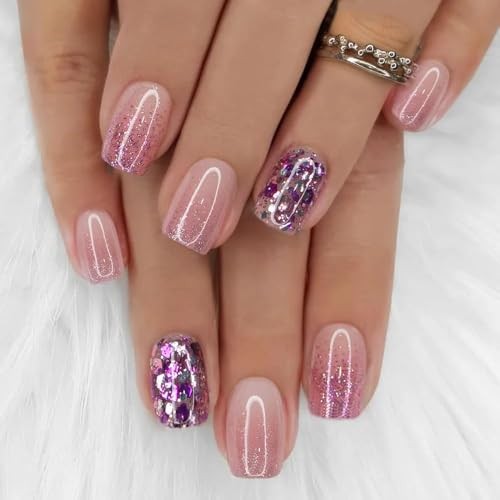 24Pcs Short Square Press on Nails – Nude Pink Gradient Glitter Fake Style24