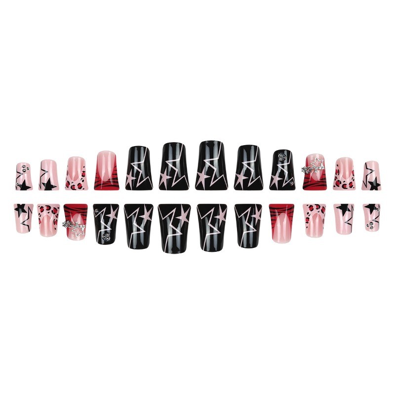 48pcs-Long Coffin Press on Nails, Pink Black Star & Leopard Print with Crystals