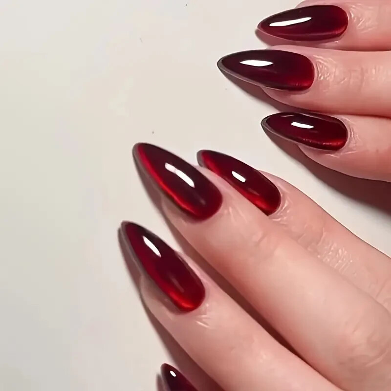 30pcs/set Y2K Aesthetics Blood Red Crystal Cat’S Eye Press On Nails Long Almond