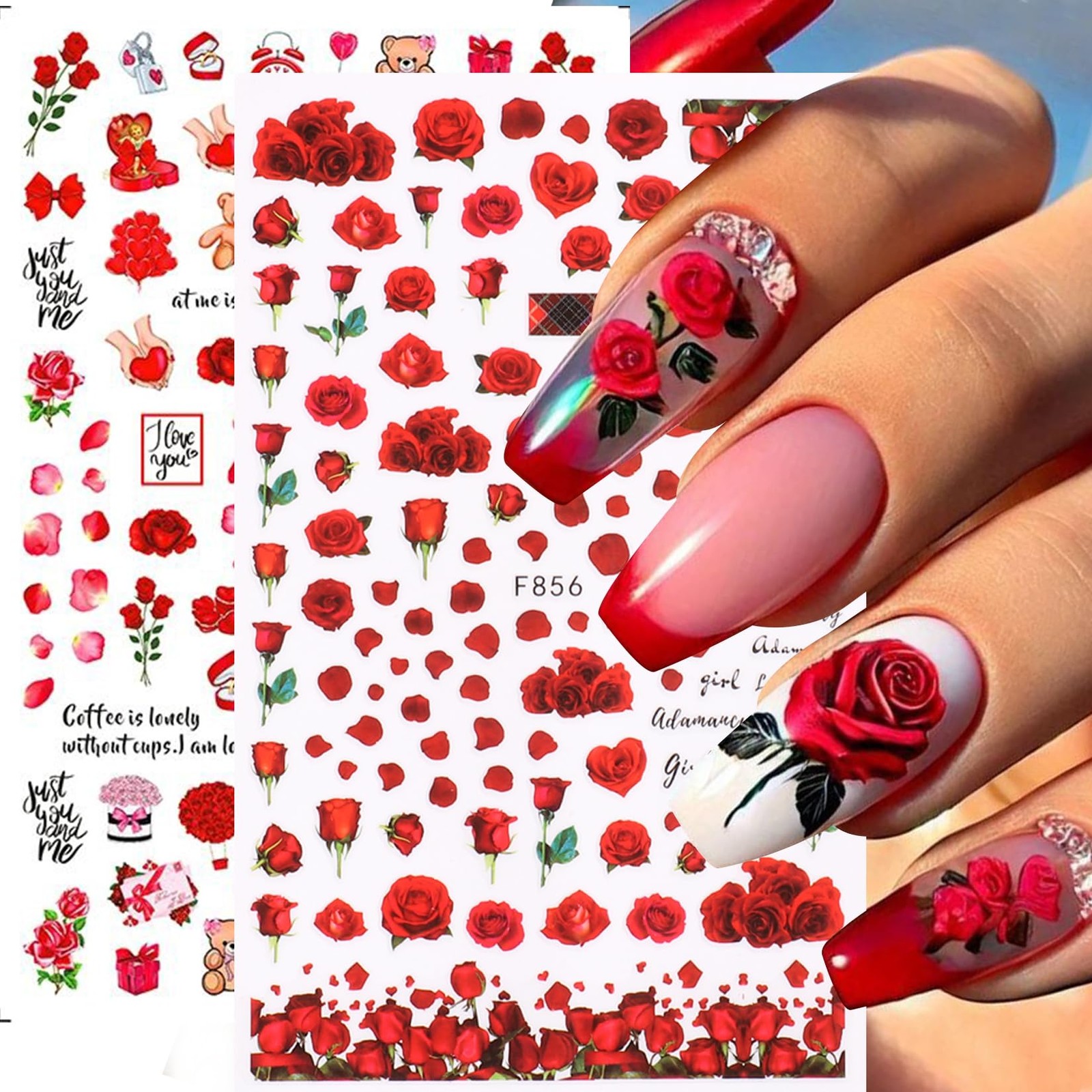 Rose Flower Nail Stickers Decals 12 PCS Romantic Red Pink Rose Nail Art Stick…