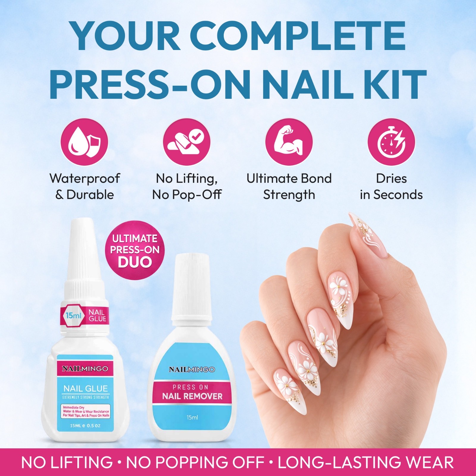 Strong Nail Glue + RemoverBundle Kit for Press On Nails Long Lasting 3 Week Hold