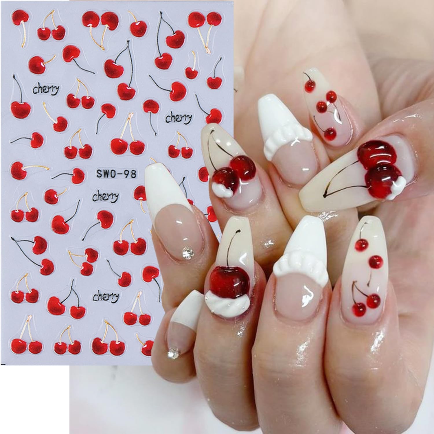 2 Sheets Embossed Fruit Nail Stickers for Nail Art Self-Adhesive Cherry 5D Na…