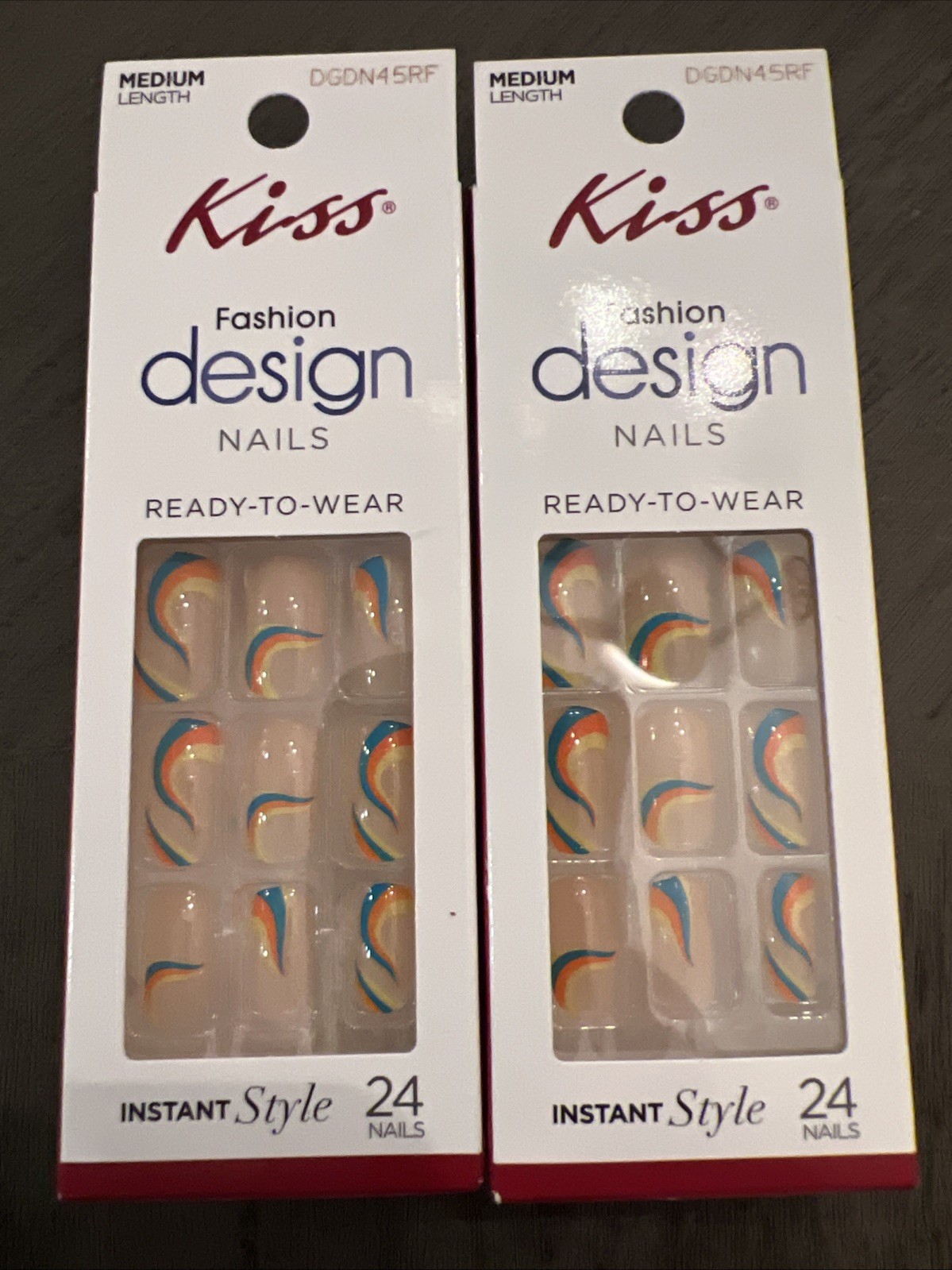 2x~Kiss Fashion Design Orange, Green, Yellow Swirls~Glue On Nail~Medium~New
