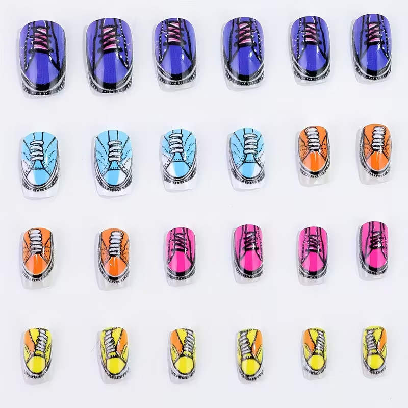 24pcs Medium, Square Shape Press-On Nails with Colorful Shoes Unique Cool Design