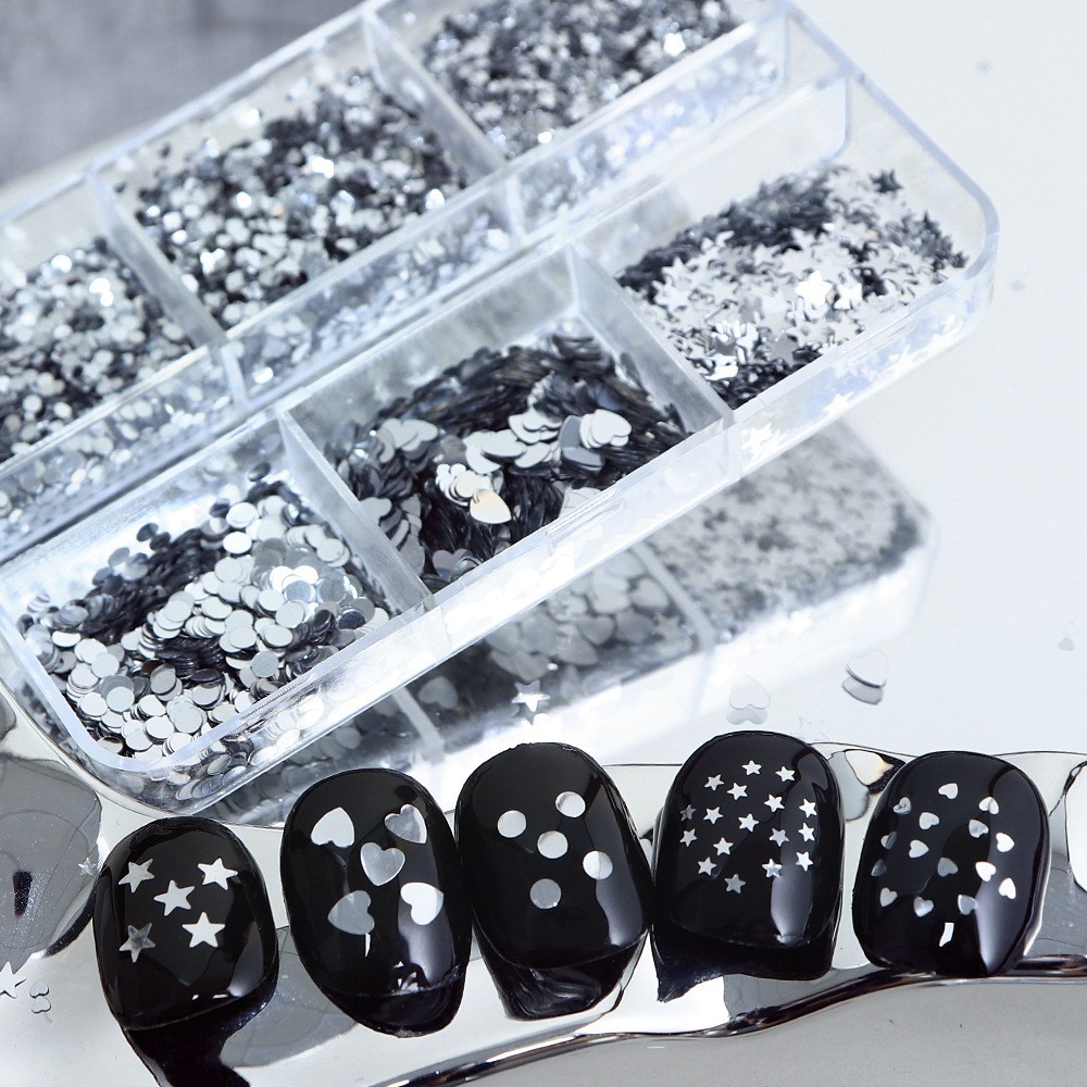 6 Grids Nail Art Glitter Sequins Silver Nail Flakes~Heart Star Round Mixed Shape
