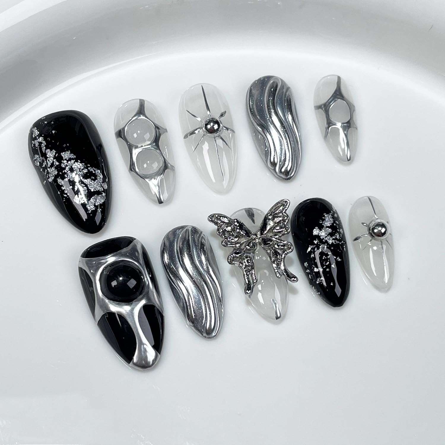 Medium Almond Press-On Nails with 3D Metal Butterfly, Irregular Silver Design, F