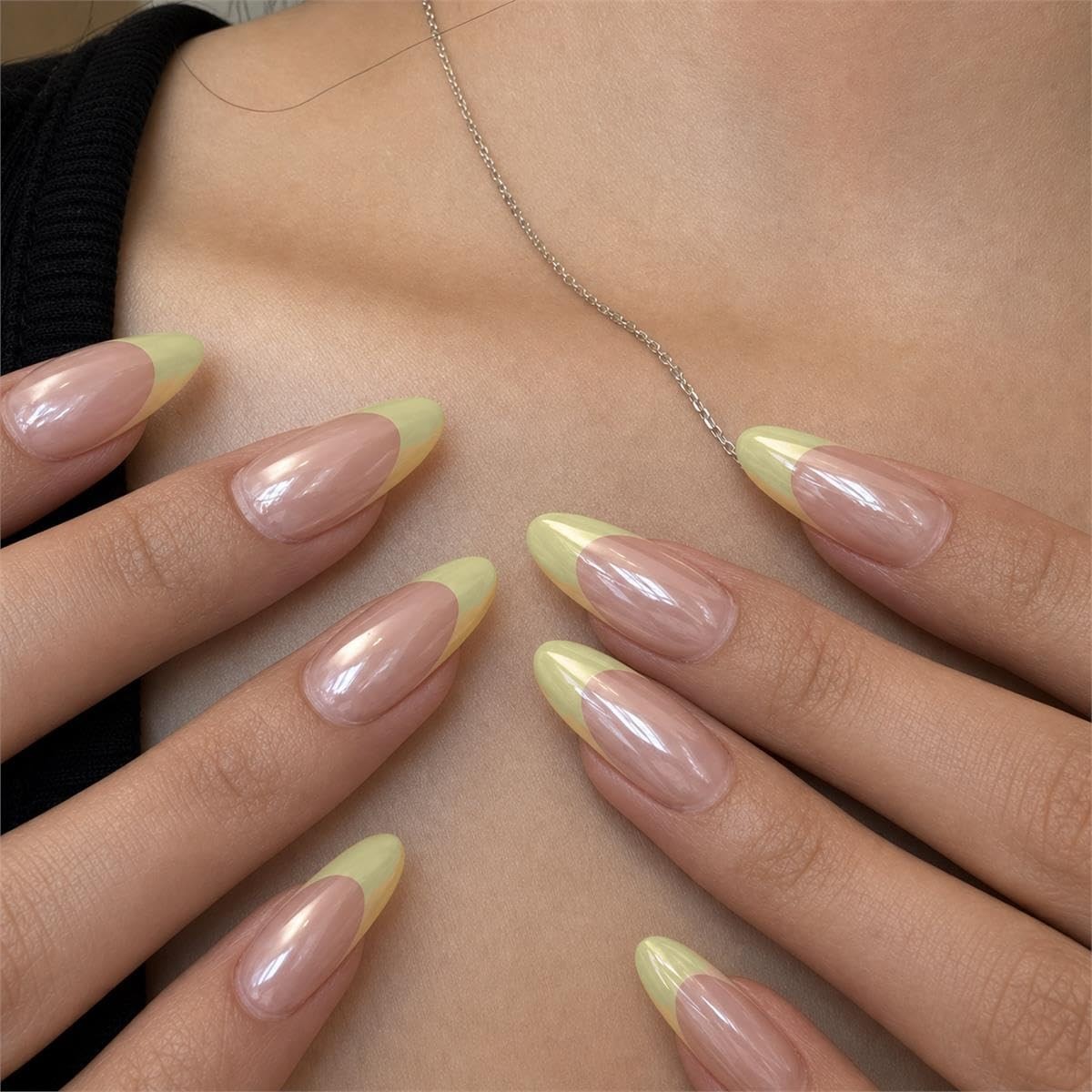 Pastel Yellow French Tip Press On Nails Almond, Glossy Pearl Chrome Fake Nail…