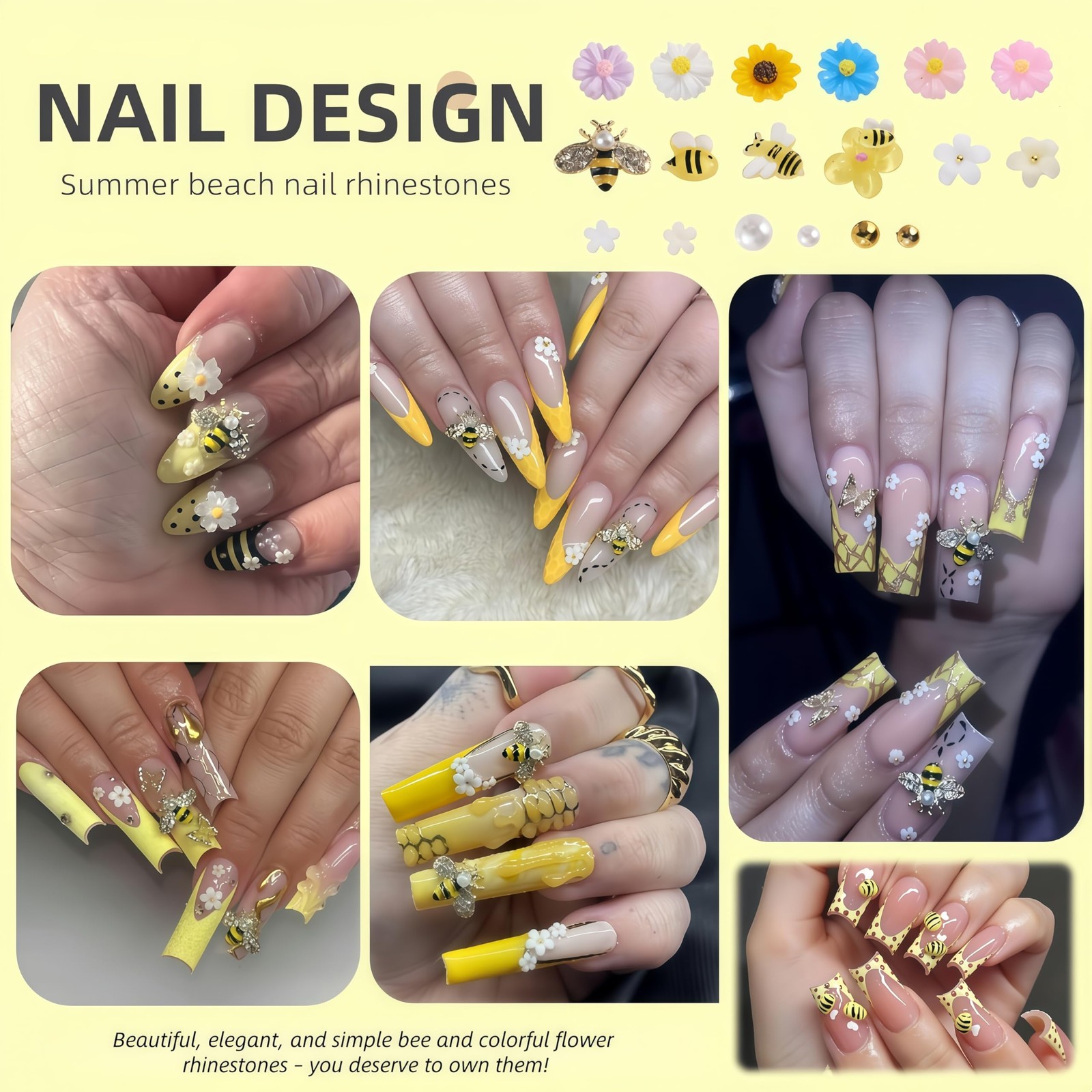 12 Grids Tiny Bee Nail Charms Resin Daisy Flower Nail Rhinestones 3D Gold All…
