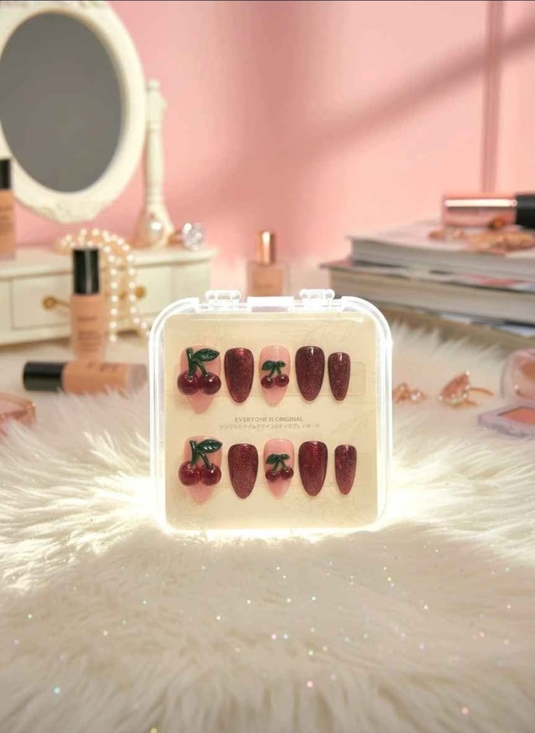 3D Cherry Press-On Nails Red Cateye Reusable Handcrafted Size: Small