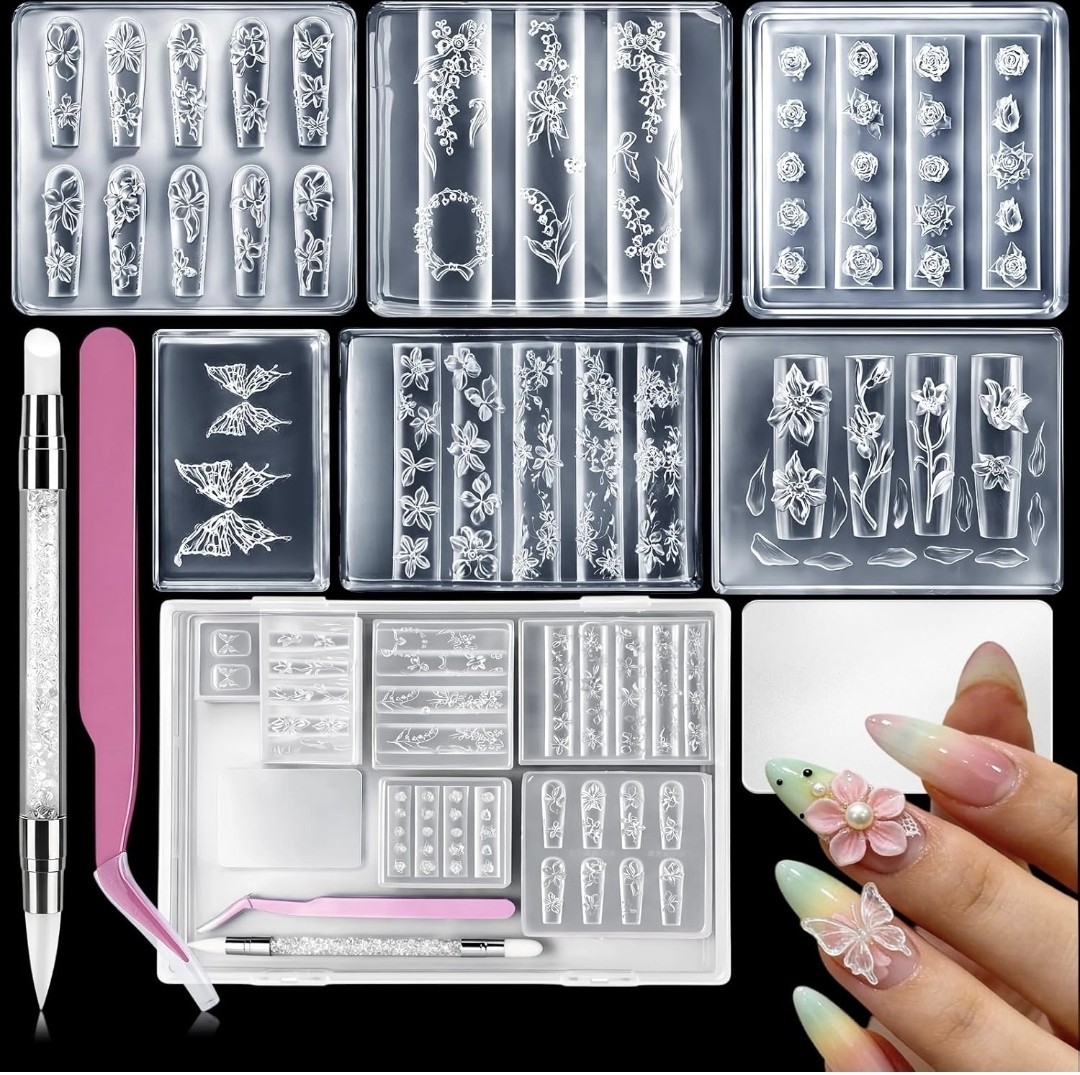 Reusable Clear Floral Flower 3D Nail Art Mold Kit w/ Storage Box & Tools
