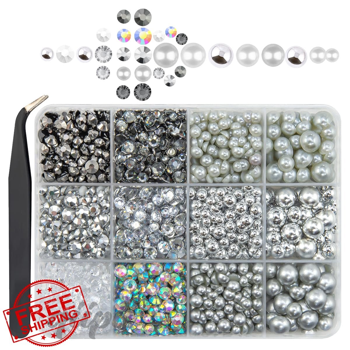 qiipii Flatback Pearls and Rhinestones 3-8mm Crafting Gems for Nails Face Tum…