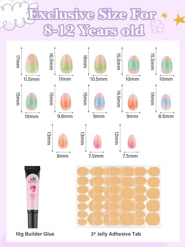 78 Pcs Colorful Flower Press-On Nails for Kids 8-12, Fake Nail Kit with Adhesive