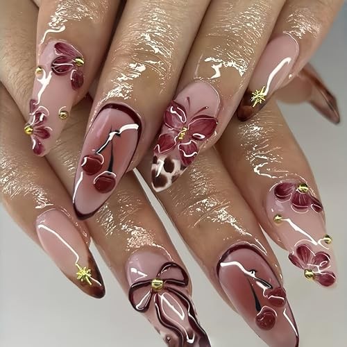 24Pcs Wine Red Cherry Press on Nails Medium Almond Fake Nails with 3D cherry
