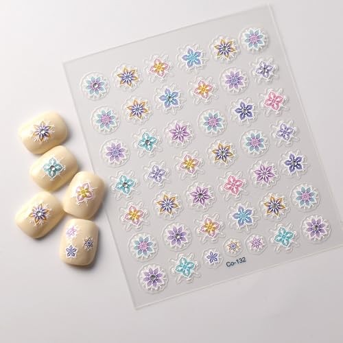 5D Embossed Nail Art Stickers, Bohemia Flower Rhinestone Retro Style 6