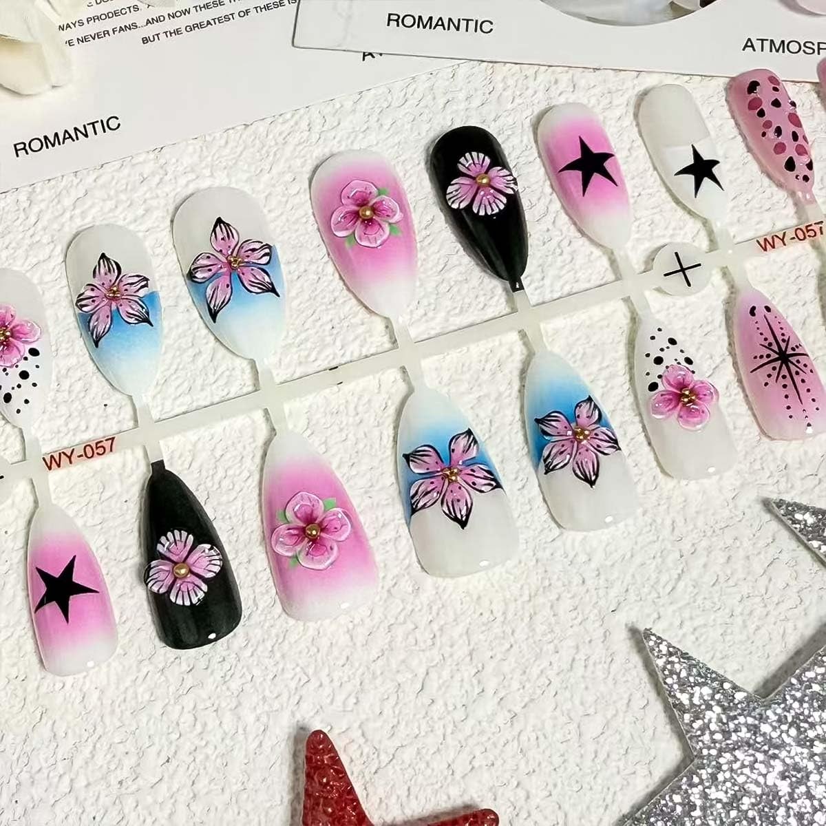 24Pcs French Tip Press on Nails Long Almond Flower Fake Nails with Rhinestone…