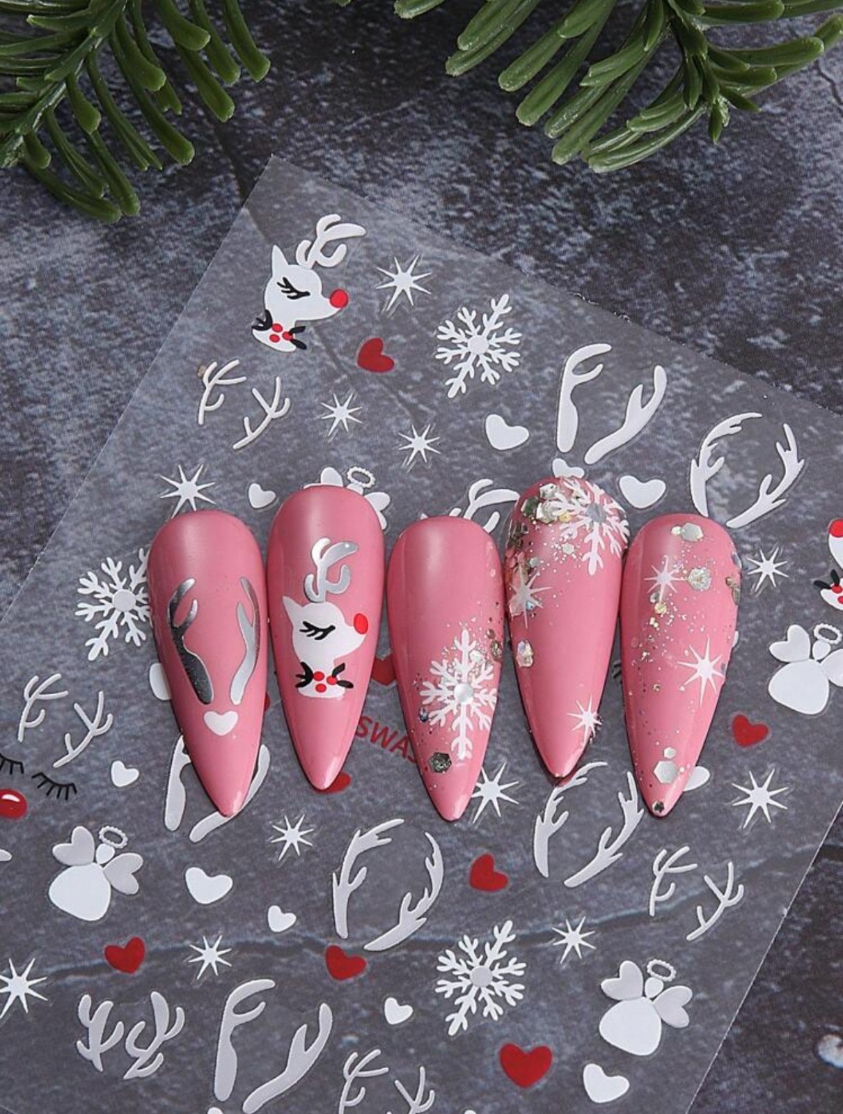 Christmas Nail Art Stickers Reindeer Antlers Snowflakes Hearts Gold Silver SWA51