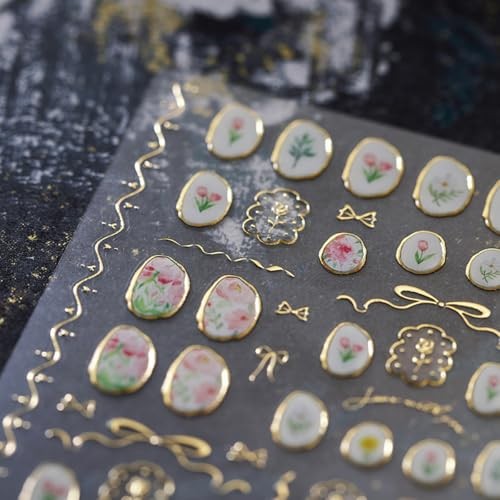 Flower Nail Art Stickers Decals 5D Embossed Jelly tulip rose gold circle
