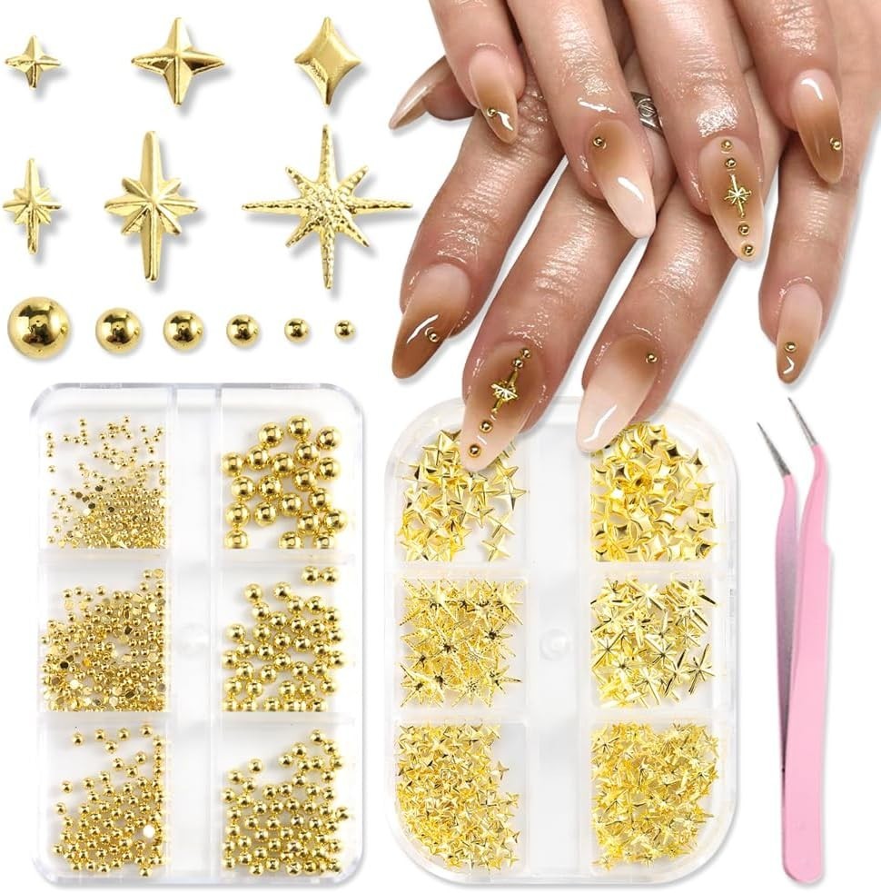 Star Nail Charms for Nails Art, 3D Gold Mixed Styles Stars Metallic Studs Riv…