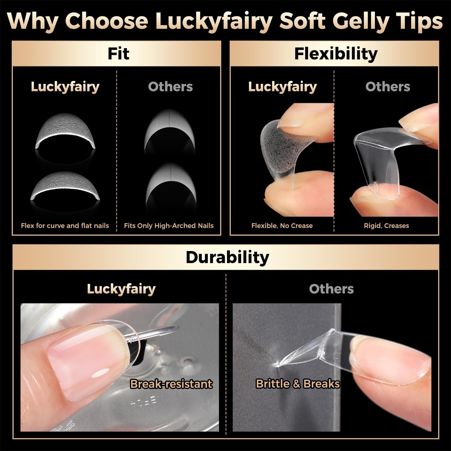 Short Oval Round Nail Tips: 504Pcs Tri-Layer Core Soft 12 Sizes, black, white