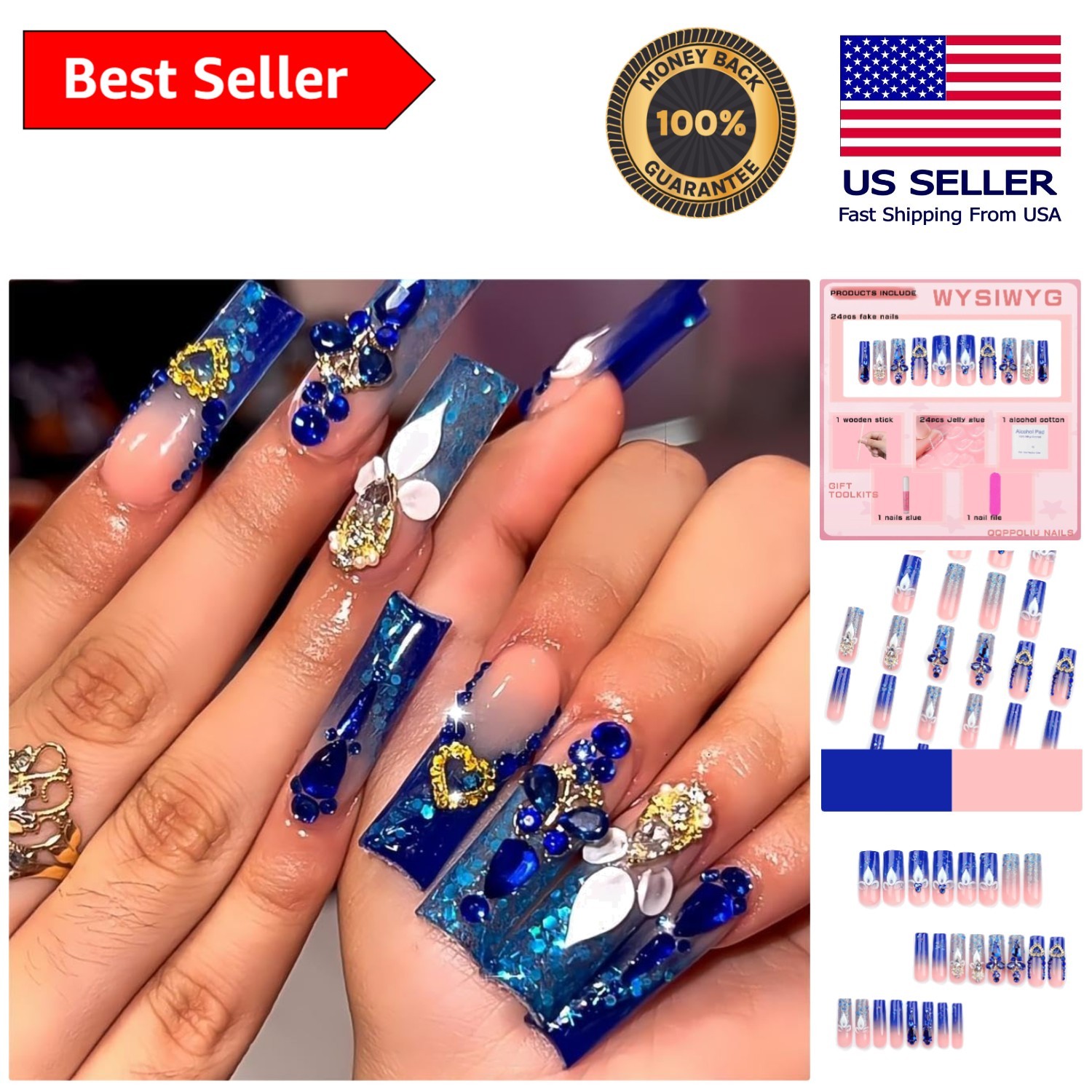 24pcs Long Coffin Acrylic Nails in Royal Blue with Rhinestones | Perfect Gift